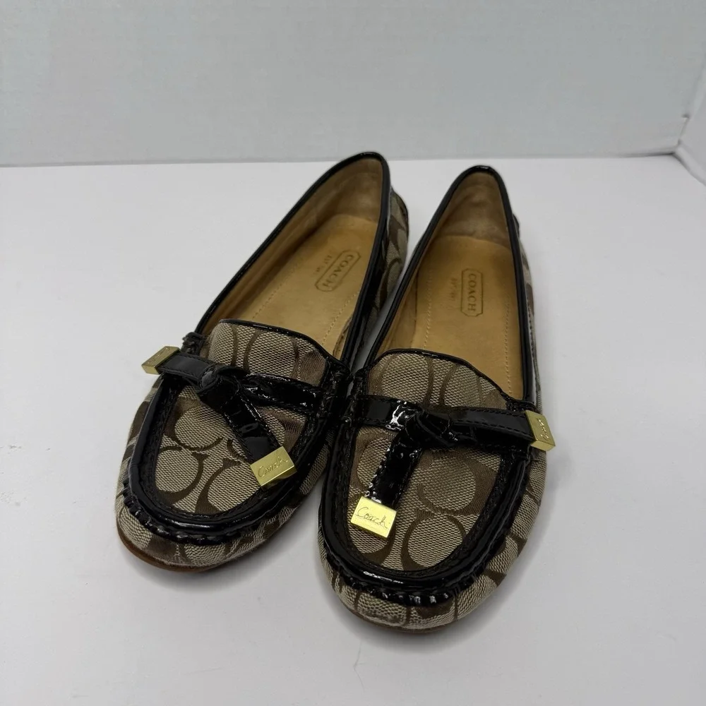 Coach Frida Signature Loafers Flats Brown Khaki Black Patent F20701 Womens 5B